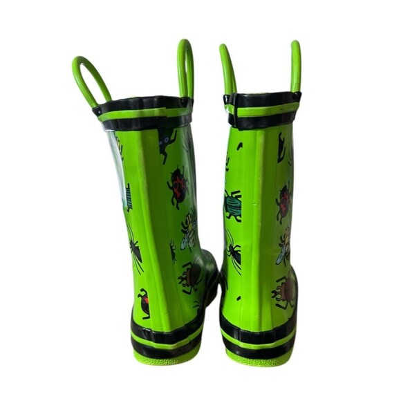 Kids Norty Waterproof Rubber Rain Boots Size 9 Green w/ Insects Bug Easy Pull On - Picture 4 of 6